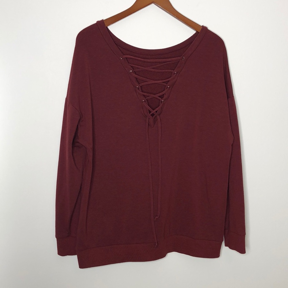ALYA | Oversized Maroon Lace Up Sweatshirt Size XS